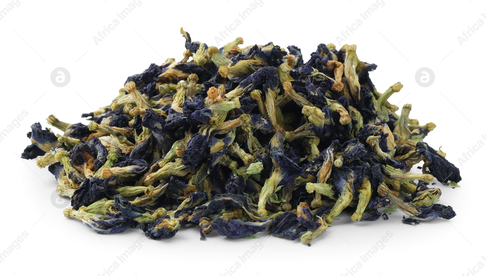 Photo of Butterfly pea flower tea. Pile of dry Clitoria ternatea petals isolated on white