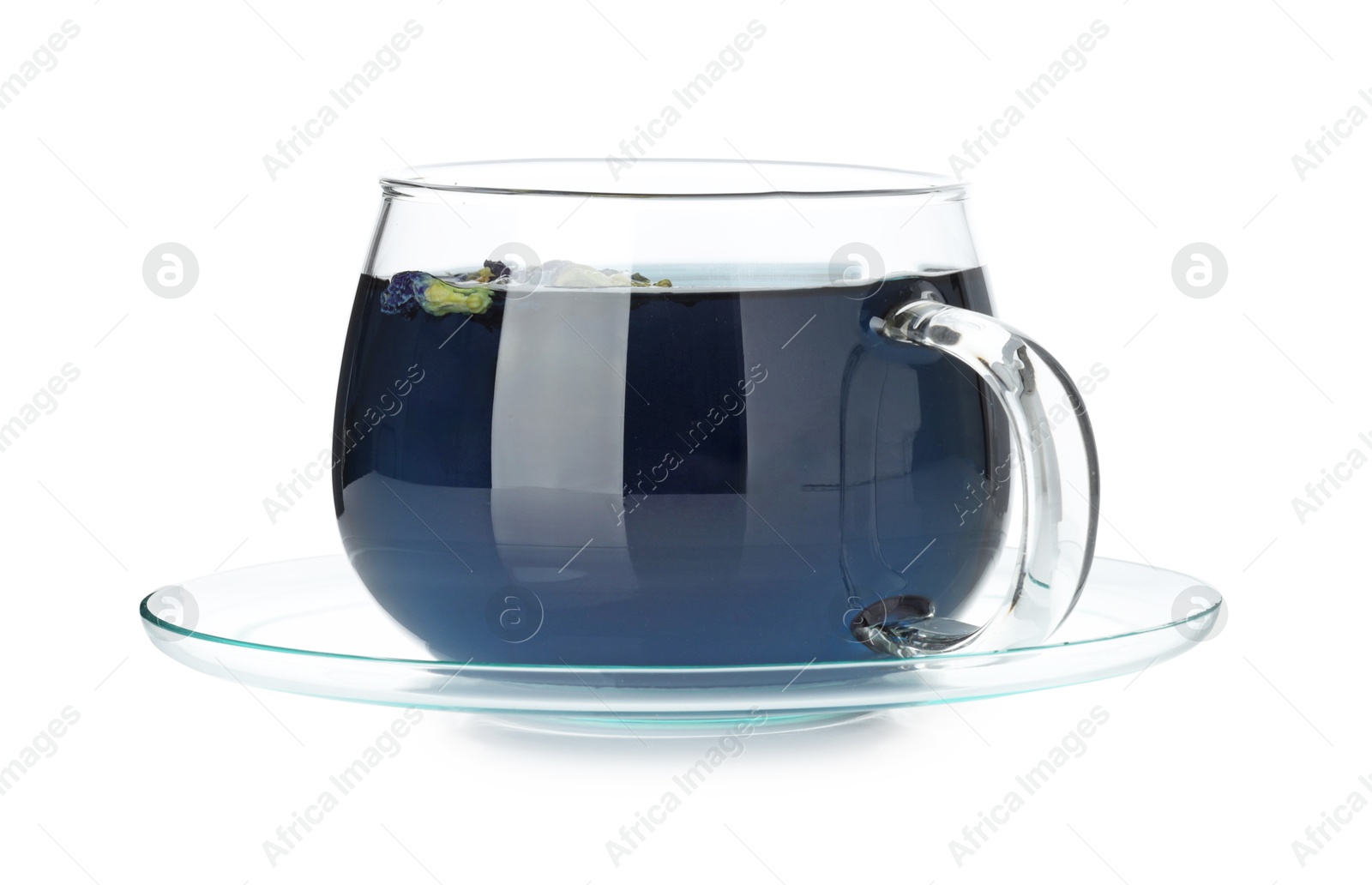 Photo of Fresh butterfly pea flower tea in cup isolated on white