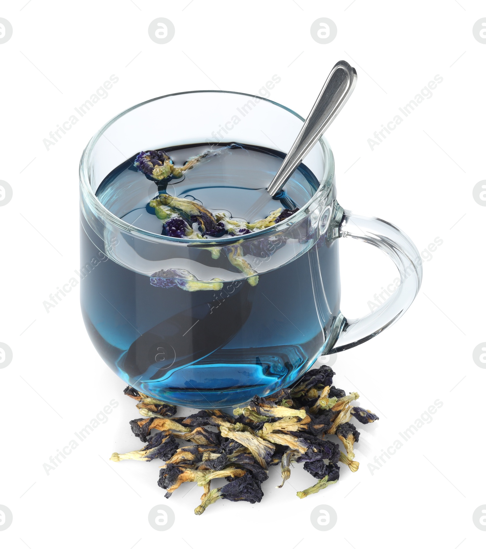 Photo of Fresh butterfly pea flower tea in cup and dry petals isolated on white