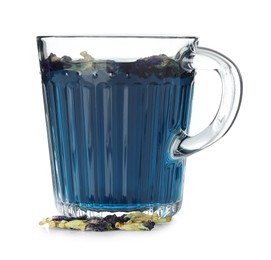 Photo of Fresh butterfly pea flower tea in cup and dry petals isolated on white