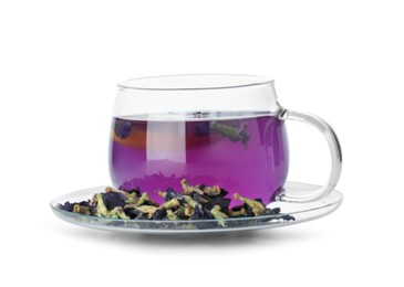 Photo of Delicious butterfly pea flower tea in glass cup and dry petals isolated on white