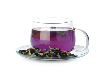 Photo of Delicious butterfly pea flower tea in glass cup and dry petals isolated on white