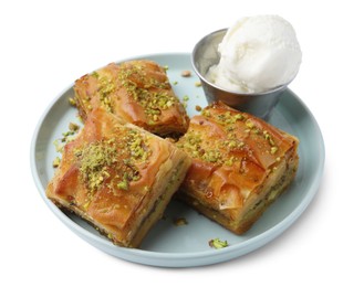 Photo of Delicious baklava with crushed nuts and ice cream isolated on white