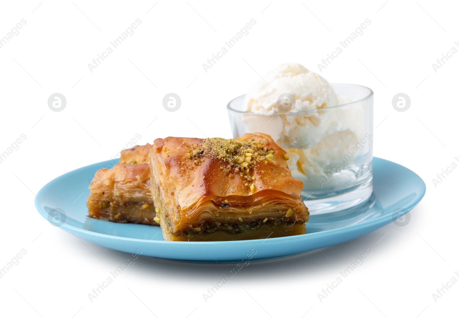 Photo of Tasty baklava with chopped nuts and scoops of ice cream isolated on white