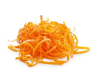 Photo of Pile of fresh orange zest isolated on white