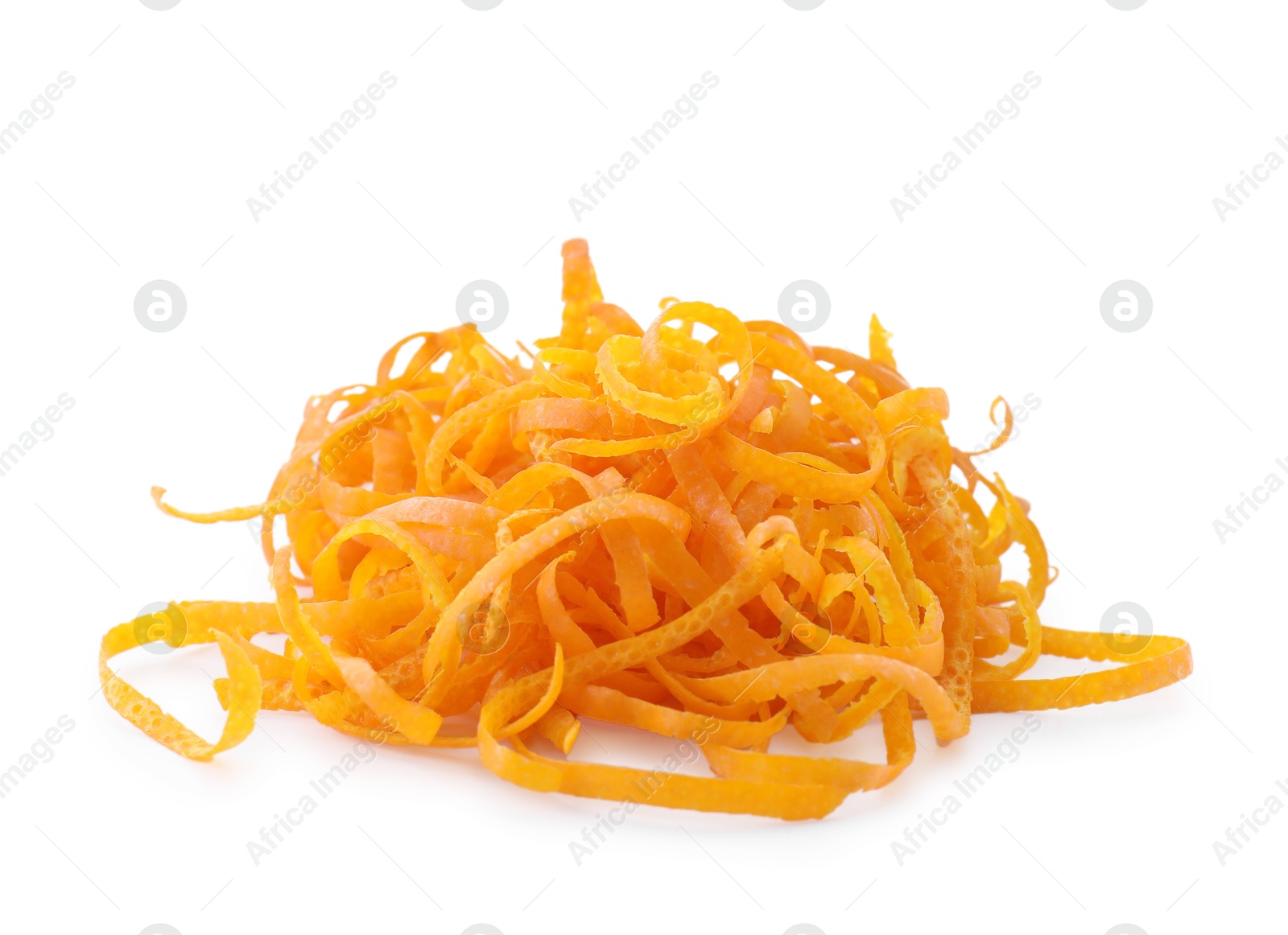 Photo of Pile of fresh orange zest isolated on white