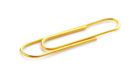 Photo of One bright paper clip isolated on white