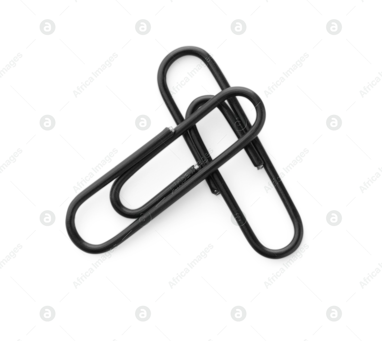 Photo of Two black paper clips isolated on white, top view