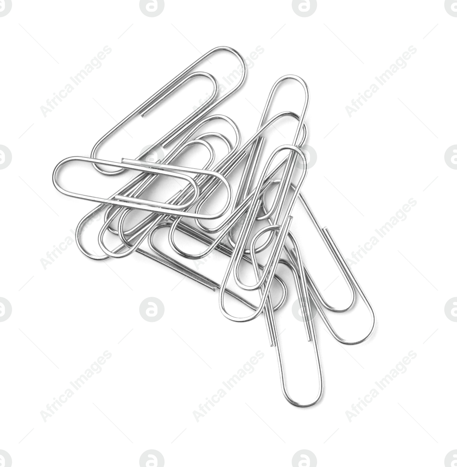 Photo of Many metal paper clips isolated on white, top view