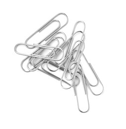 Photo of Many metal paper clips isolated on white, top view