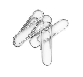 Photo of Metal paper clips isolated on white, top view