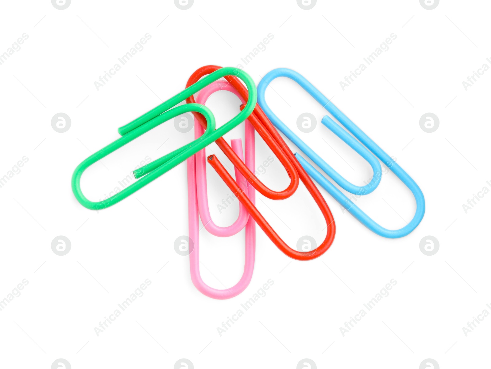 Photo of Many colorful paper clips isolated on white, top view