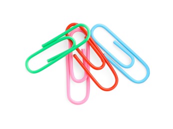 Photo of Many colorful paper clips isolated on white, top view