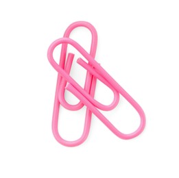 Photo of Pink paper clips isolated on white, top view