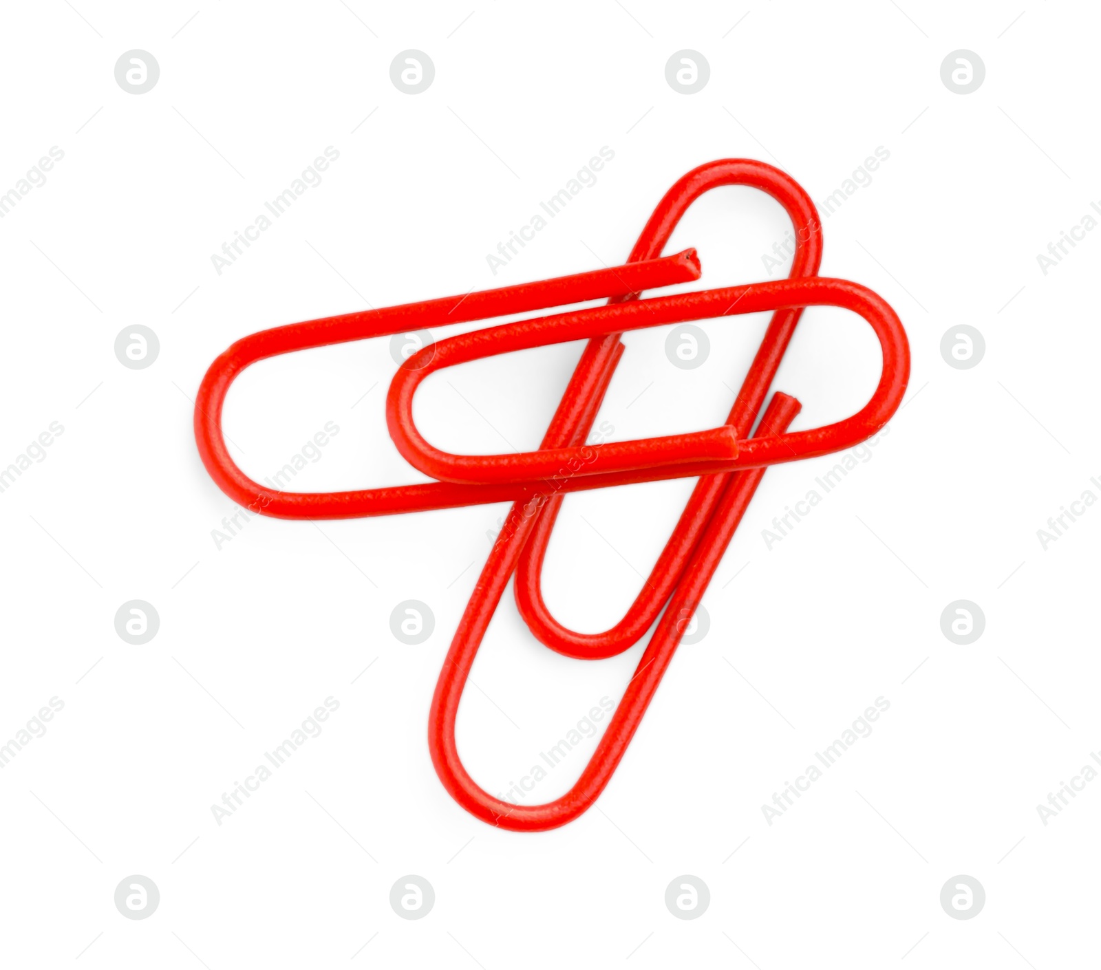 Photo of Red paper clips isolated on white, top view