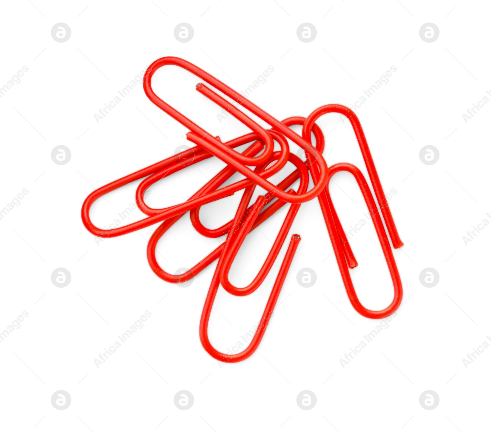 Photo of Red paper clips isolated on white, top view