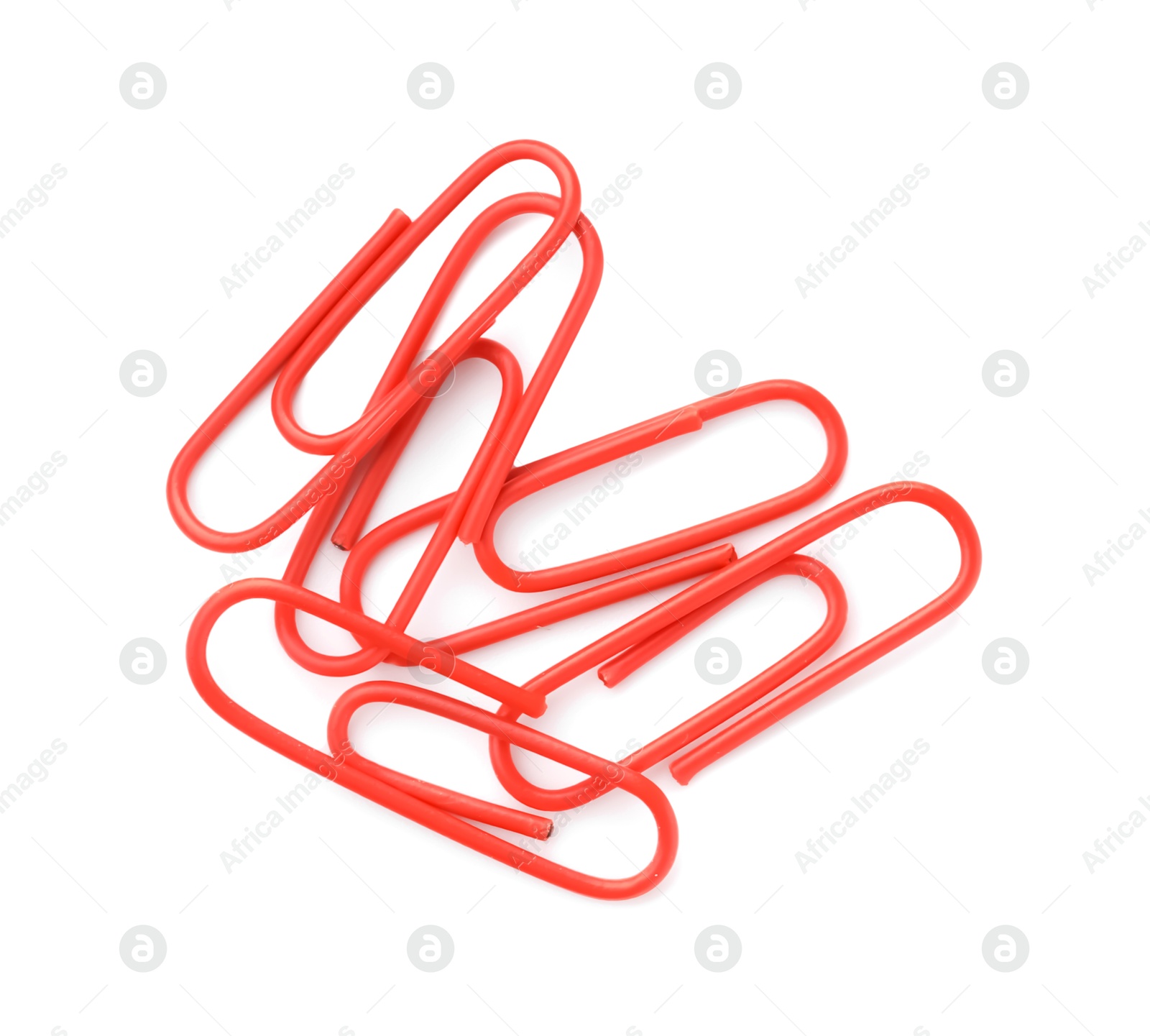 Photo of Red paper clips isolated on white, top view