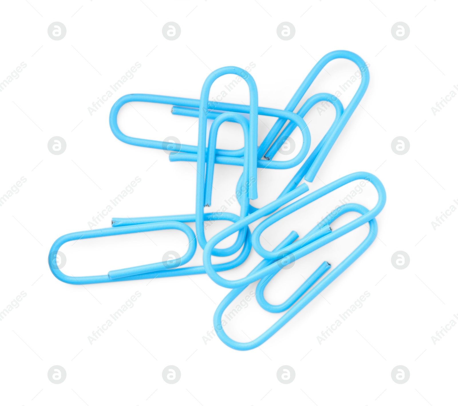 Photo of Bright paper clips isolated on white, top view