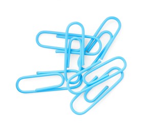 Bright paper clips isolated on white, top view