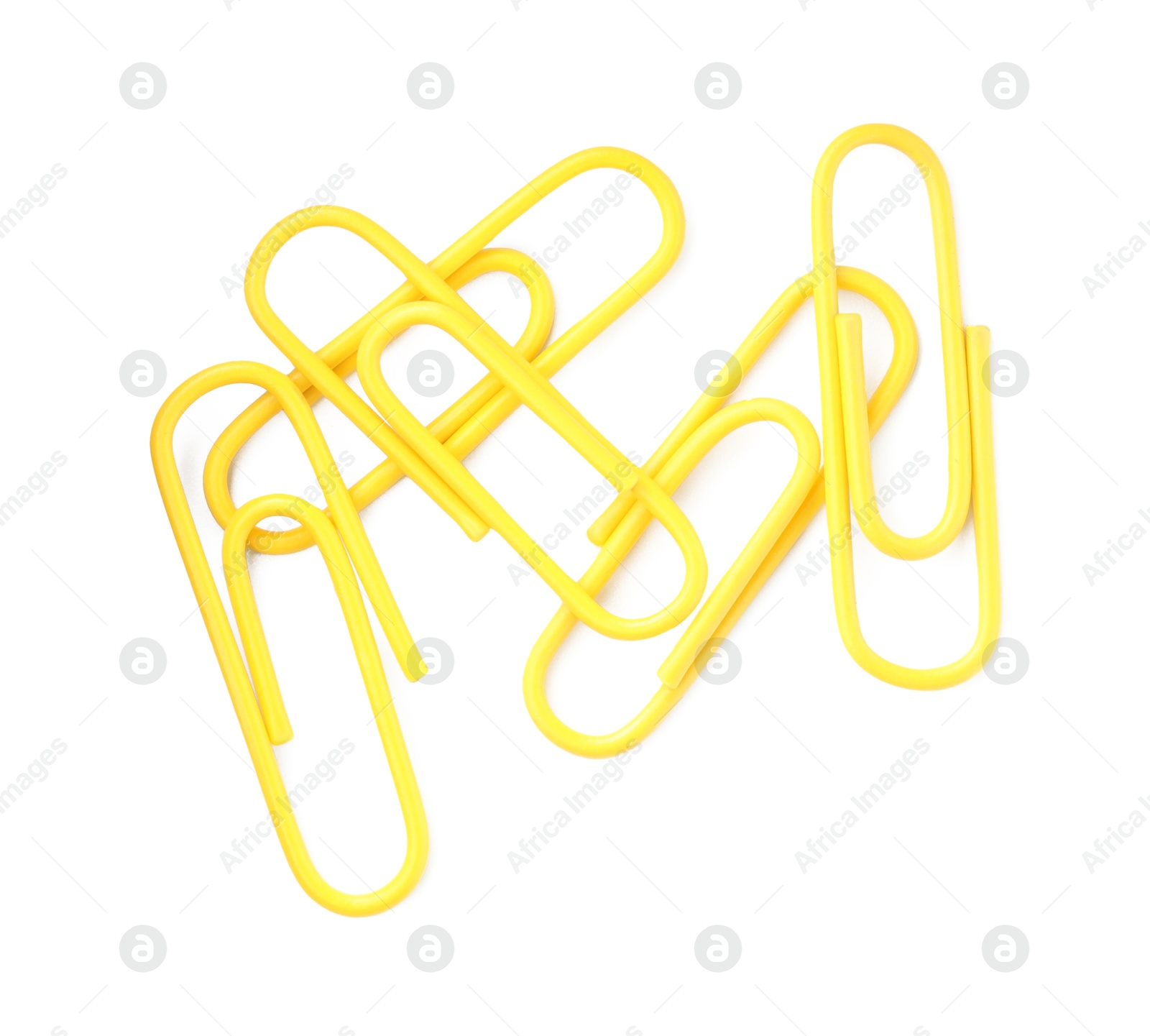 Photo of Bright paper clips isolated on white, top view