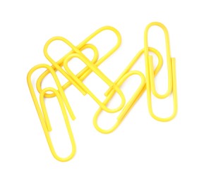 Photo of Bright paper clips isolated on white, top view