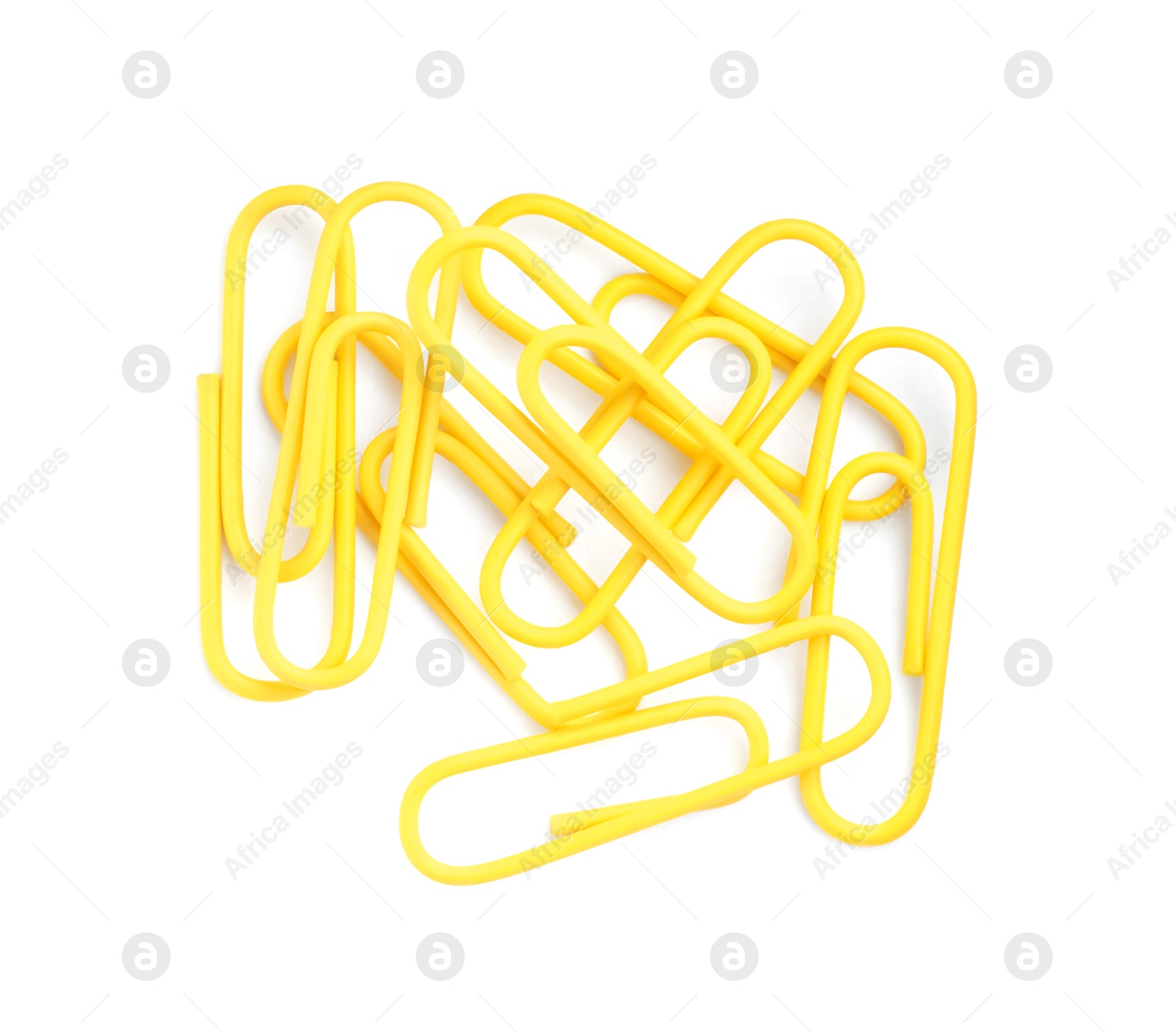 Photo of Bright paper clips isolated on white, top view