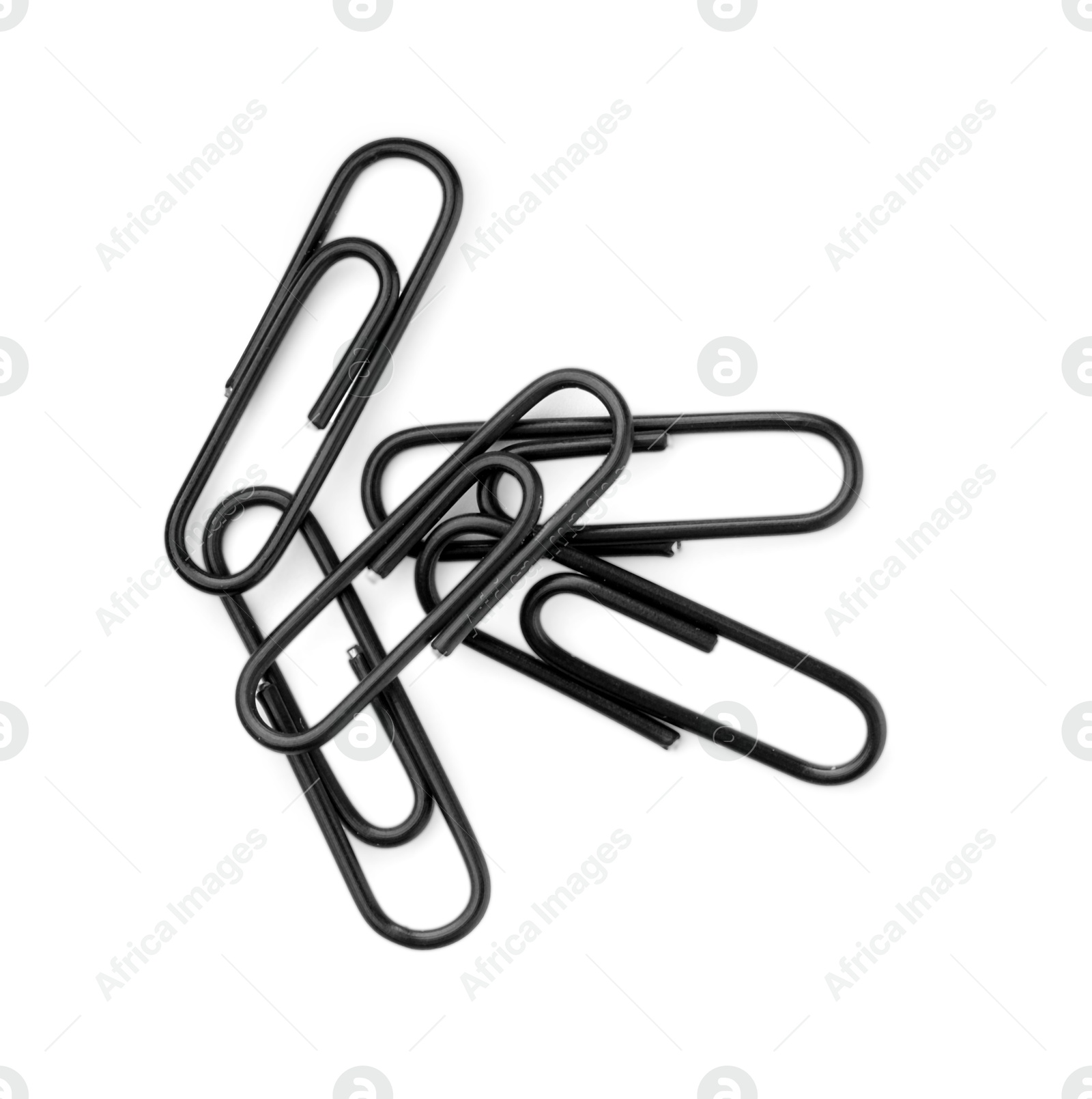 Photo of Black paper clips isolated on white, top view