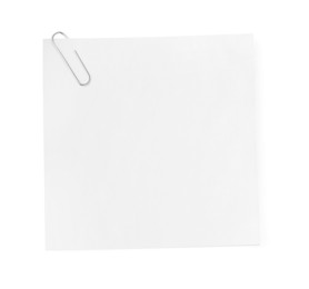 Photo of Blank paper note attached with metal clip isolated on white, top view