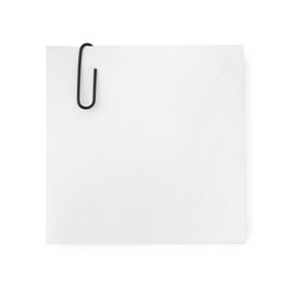 Photo of Blank paper note attached with clip isolated on white, top view