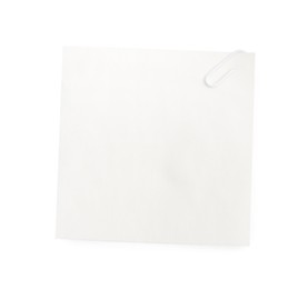 Photo of Blank paper note attached with clip isolated on white, top view