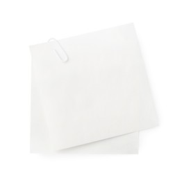 Photo of Blank paper note attached with clip isolated on white, top view