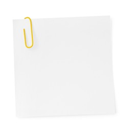 Photo of Blank paper note attached with clip isolated on white, top view