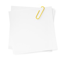 Photo of Blank paper notes attached with clip isolated on white, top view