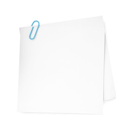 Photo of Blank paper notes attached with clip isolated on white, top view