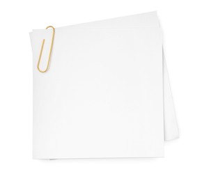 Photo of Blank paper note attached with metal clip isolated on white, top view