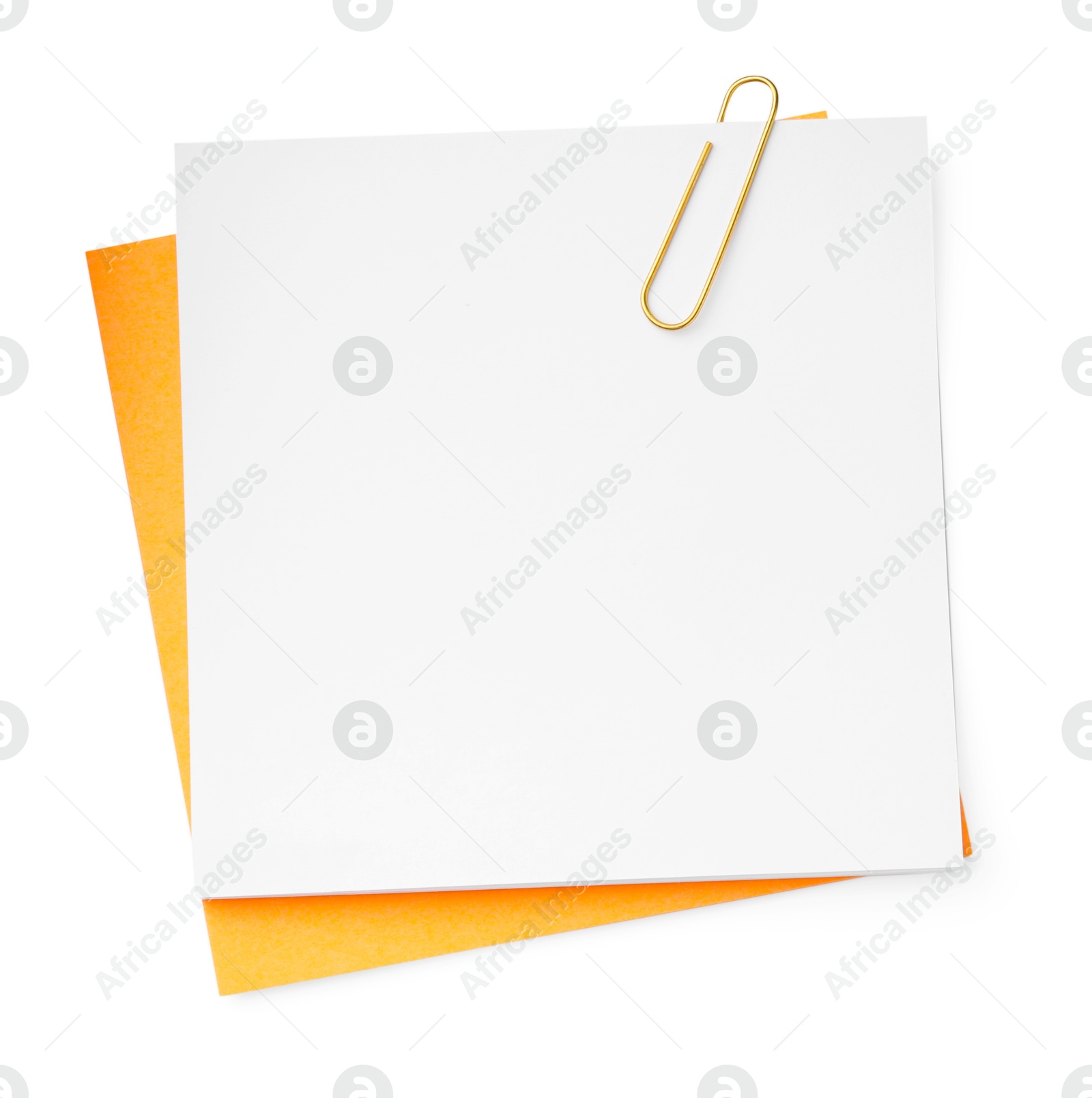 Photo of Blank paper notes attached with clip isolated on white, top view