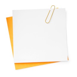 Photo of Blank paper notes attached with clip isolated on white, top view