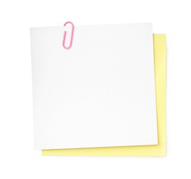 Photo of Blank paper notes attached with clip isolated on white, top view