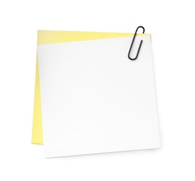 Photo of Blank paper notes attached with clip isolated on white, top view