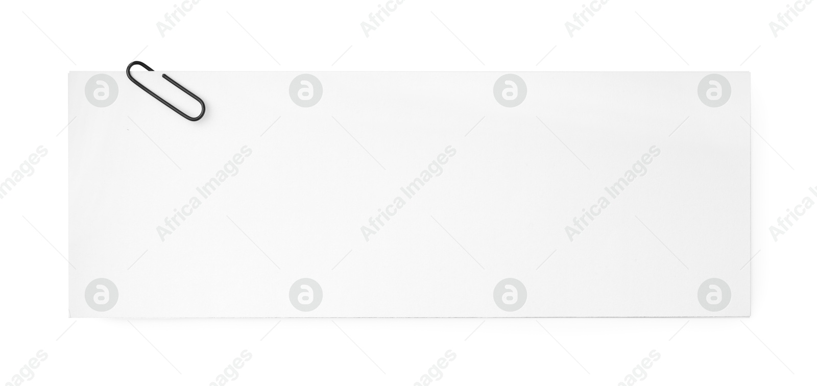 Photo of Blank paper sheet attached with clip isolated on white, top view