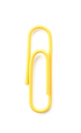 Photo of One bright paper clip isolated on white, top view