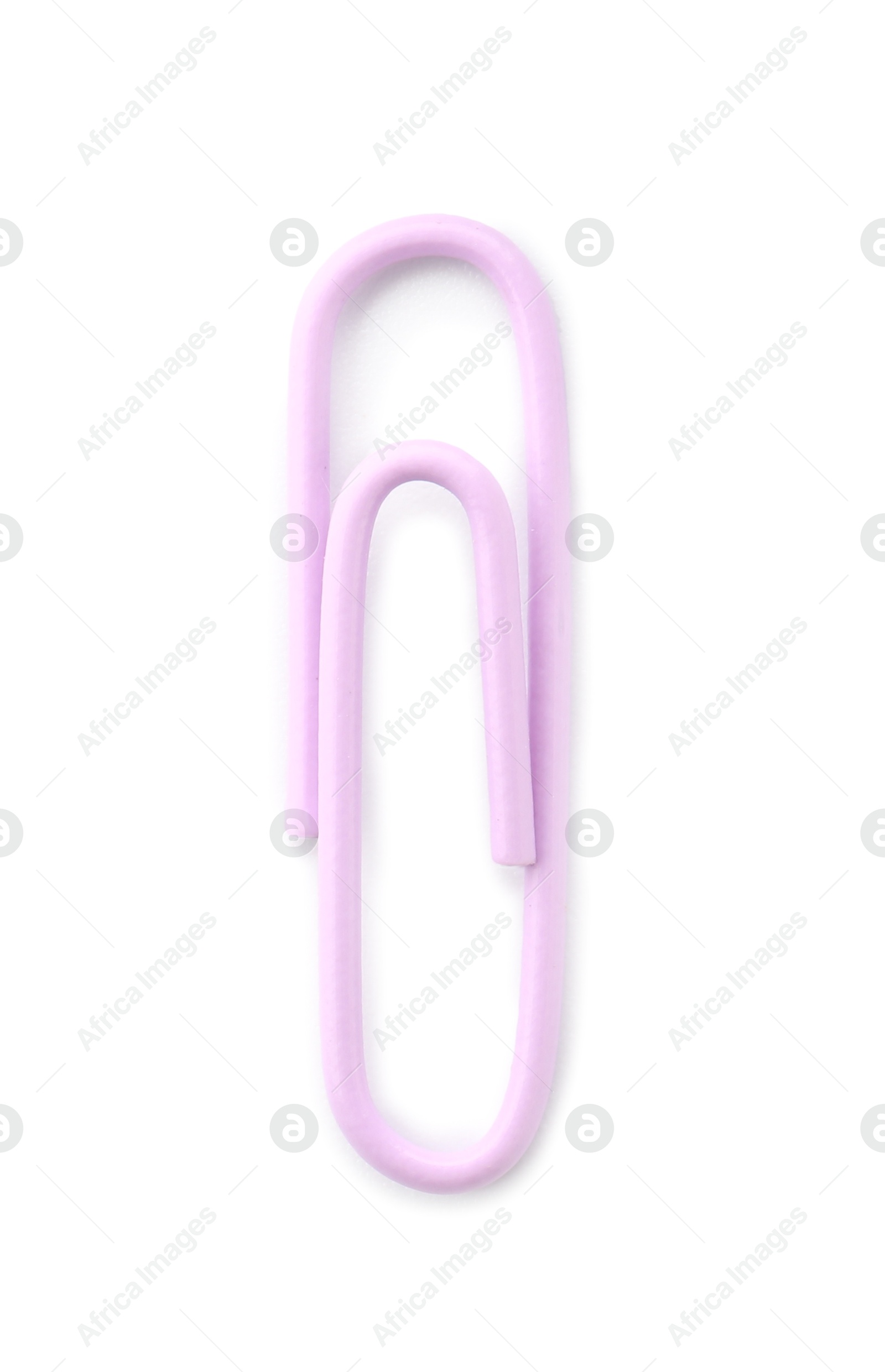 Photo of One bright paper clip isolated on white, top view