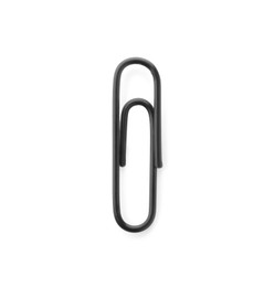 Photo of One black paper clip isolated on white, top view