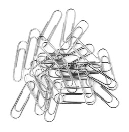 Photo of Metal paper clips isolated on white, top view