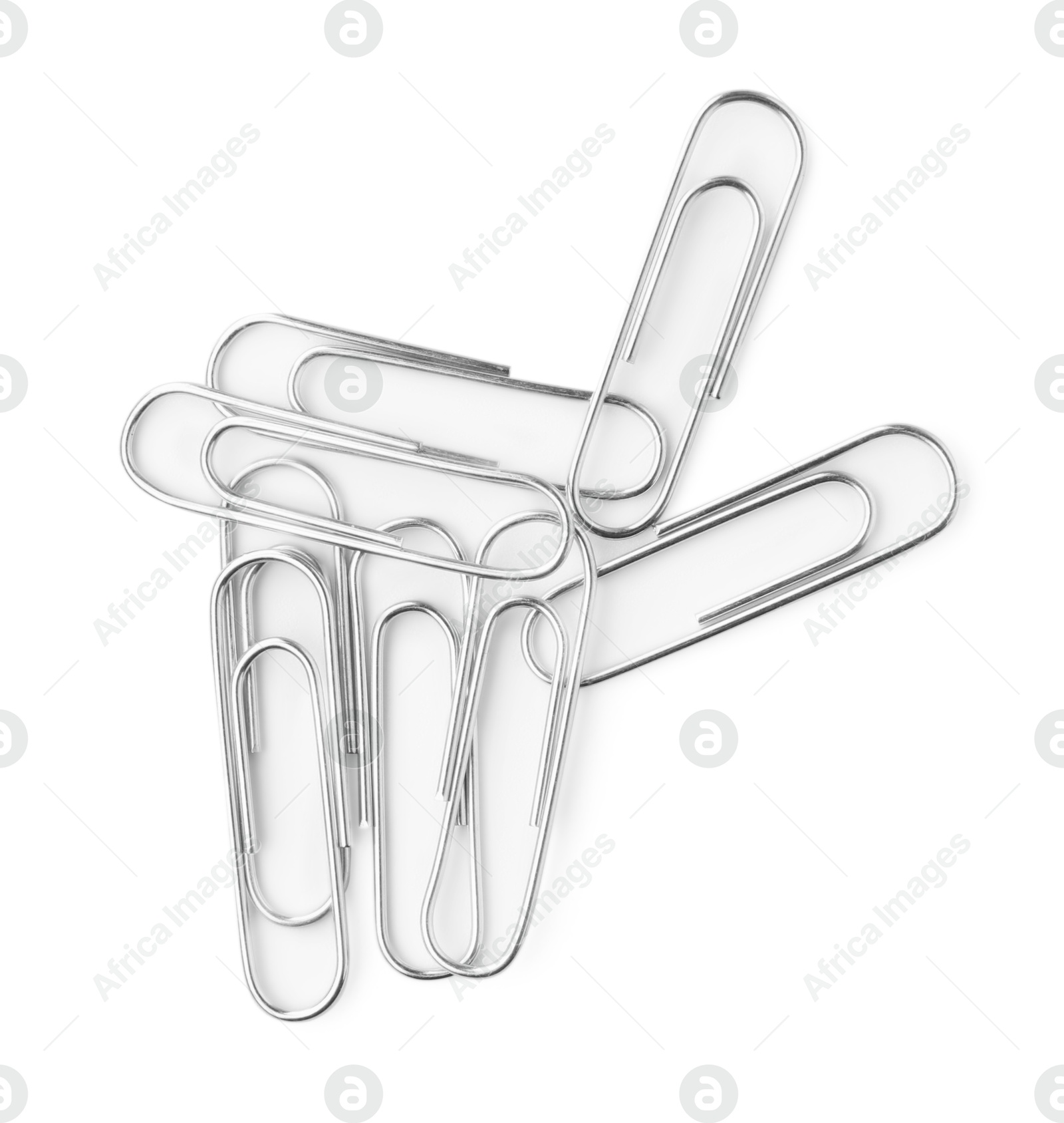 Photo of Metal paper clips isolated on white, top view