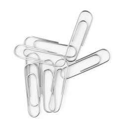 Photo of Metal paper clips isolated on white, top view