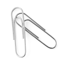 Photo of Metal paper clips isolated on white, top view