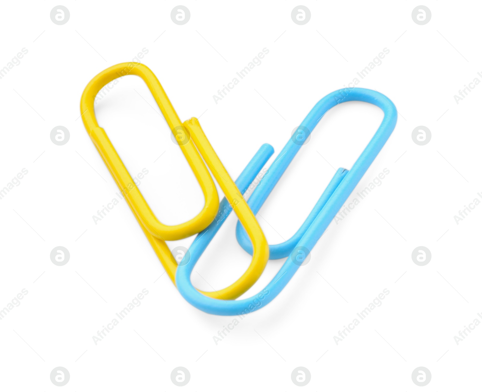 Photo of Paper clips isolated on white. Office stationery