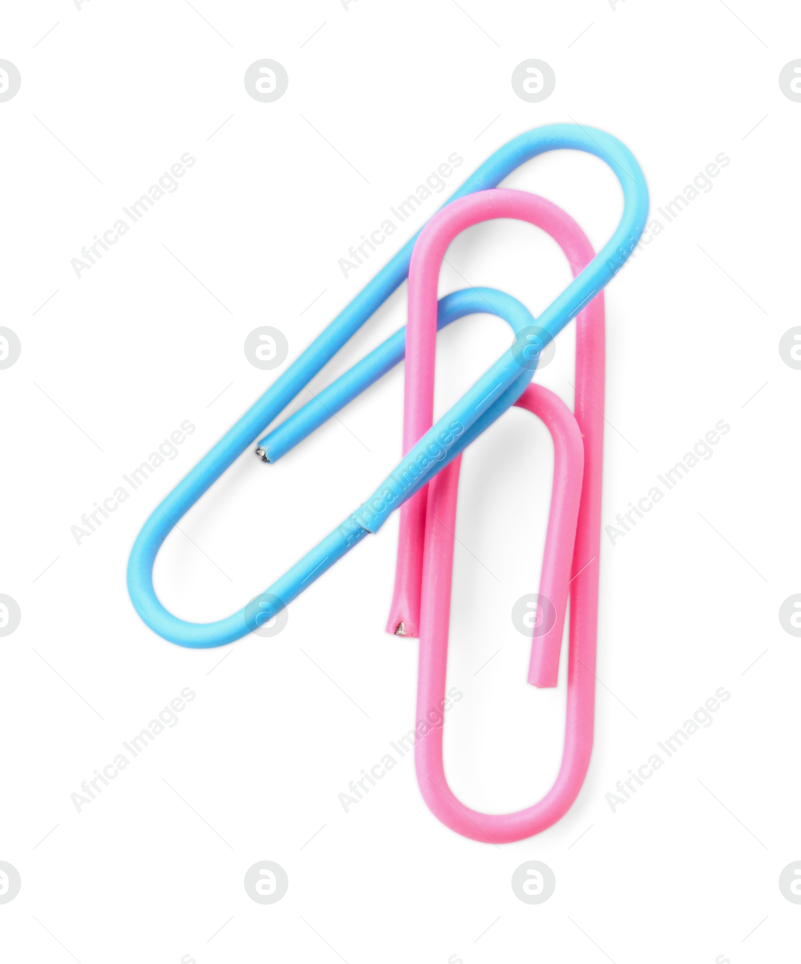 Photo of Paper clips isolated on white. Office stationery