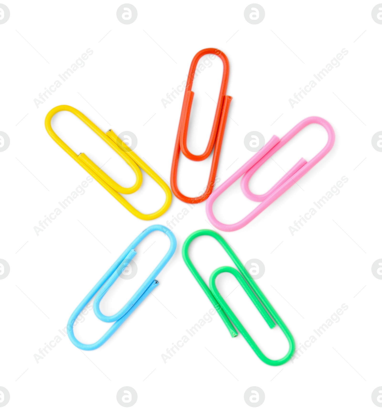 Photo of Colorful paper clips isolated on white, top view